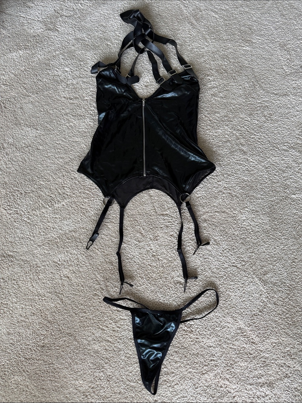 Black Leather-Like Garter Bodysuit and Thong Set Lingerie Small NWOT